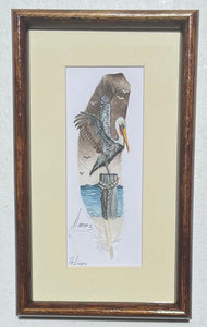 mundo handmade bird art on feathers-pelican