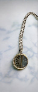 antique button necklace blue & black tones with flower