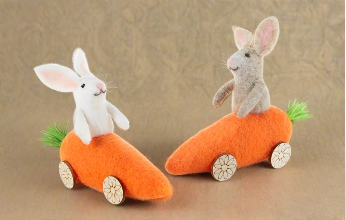 delton wool bunny in carrot car