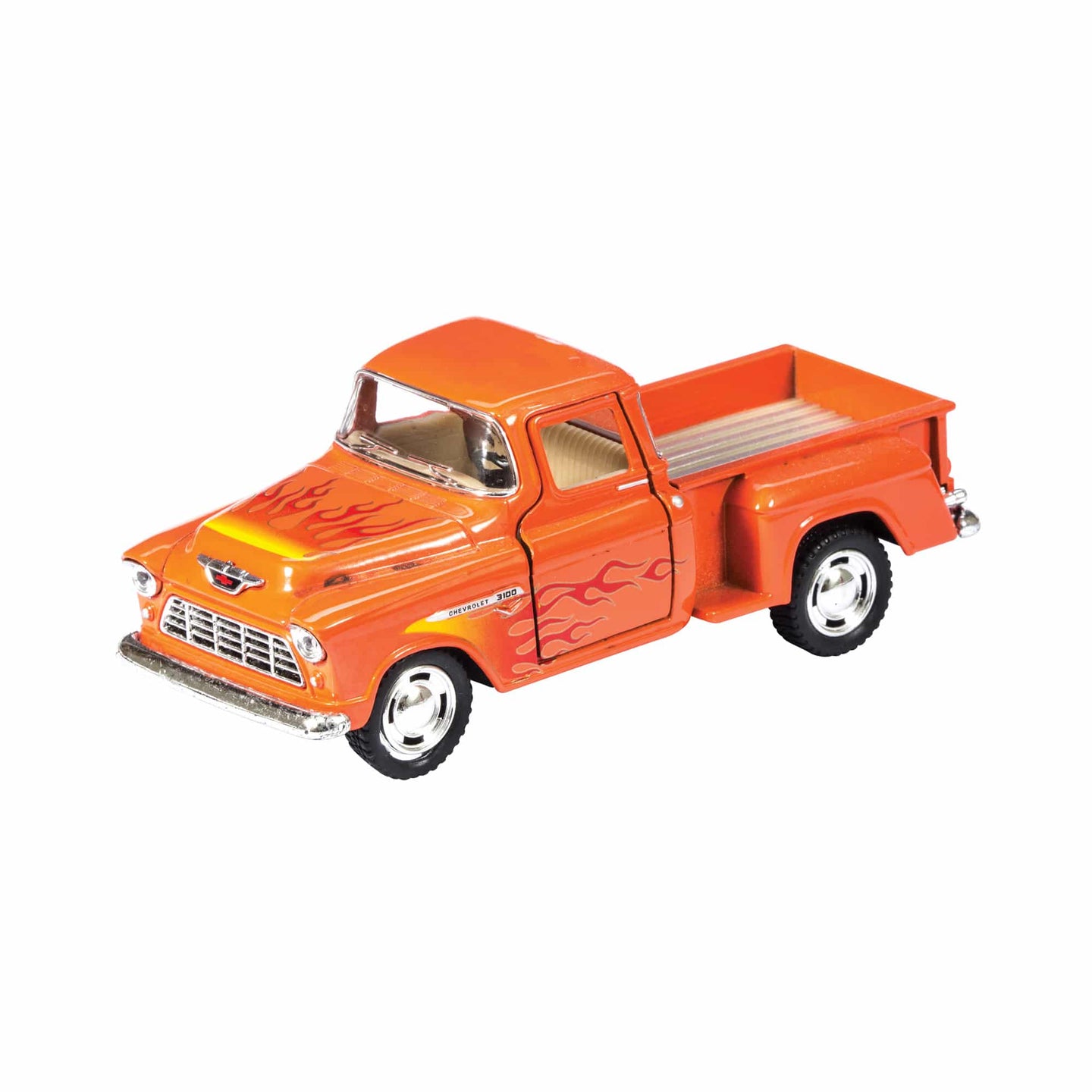 schylling toys diecast 55′ chevy pickup flames- orange