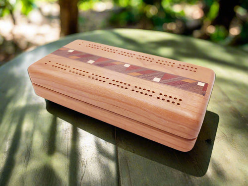 heartwood creations cherry cribbage board inlay and cards