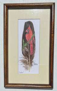 mundo handmade bird art on feathers- cardinal