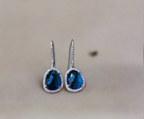 liven co. small organic shape london blue topaz and diamond drop earrings- white gold