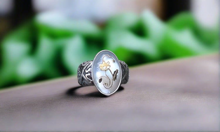 antique carved pearl button ring