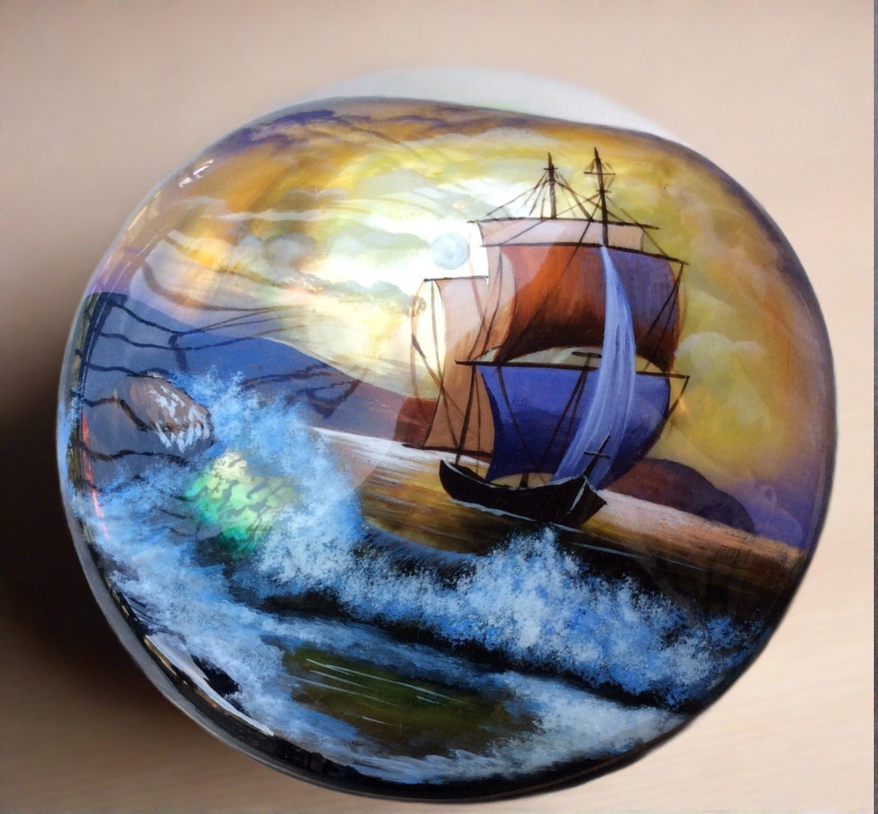 sailboat on shell russian lacquer box