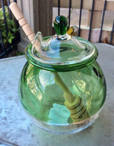 boise art glass honey pot with bee green