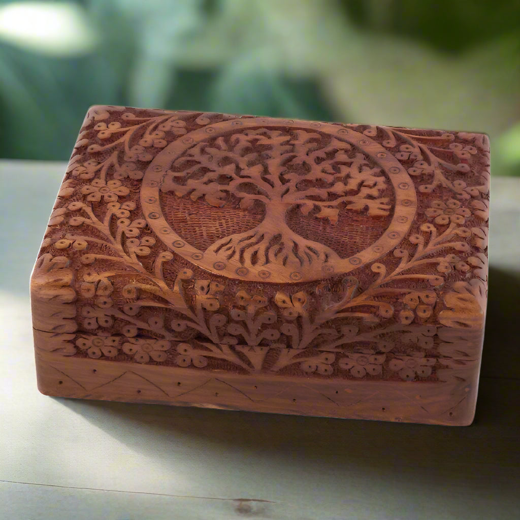 carved floral tree of life wooden box
