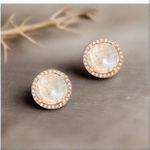 liven co. 5mm rose cut rainbow moonstone earrings with diamond halo in rose gold