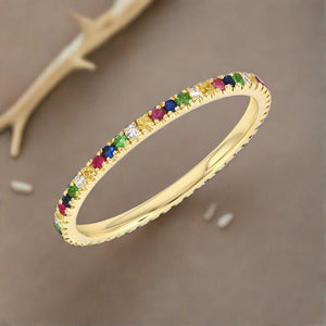 liven co. rainbow sapphire and diamond pave eternity band 14k yellow gold, size 6