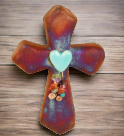 raku potteryworks mini cross ornament-heart with dangles