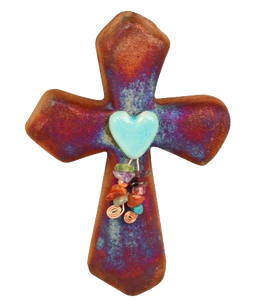 raku potteryworks mini cross ornament-heart with dangles