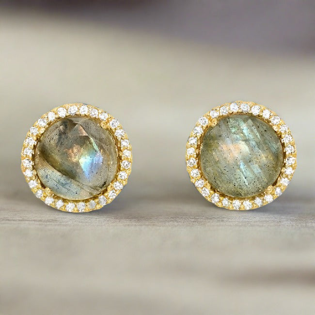 liven rose cut labradorite center with diamond halo post earrings-yellow gold